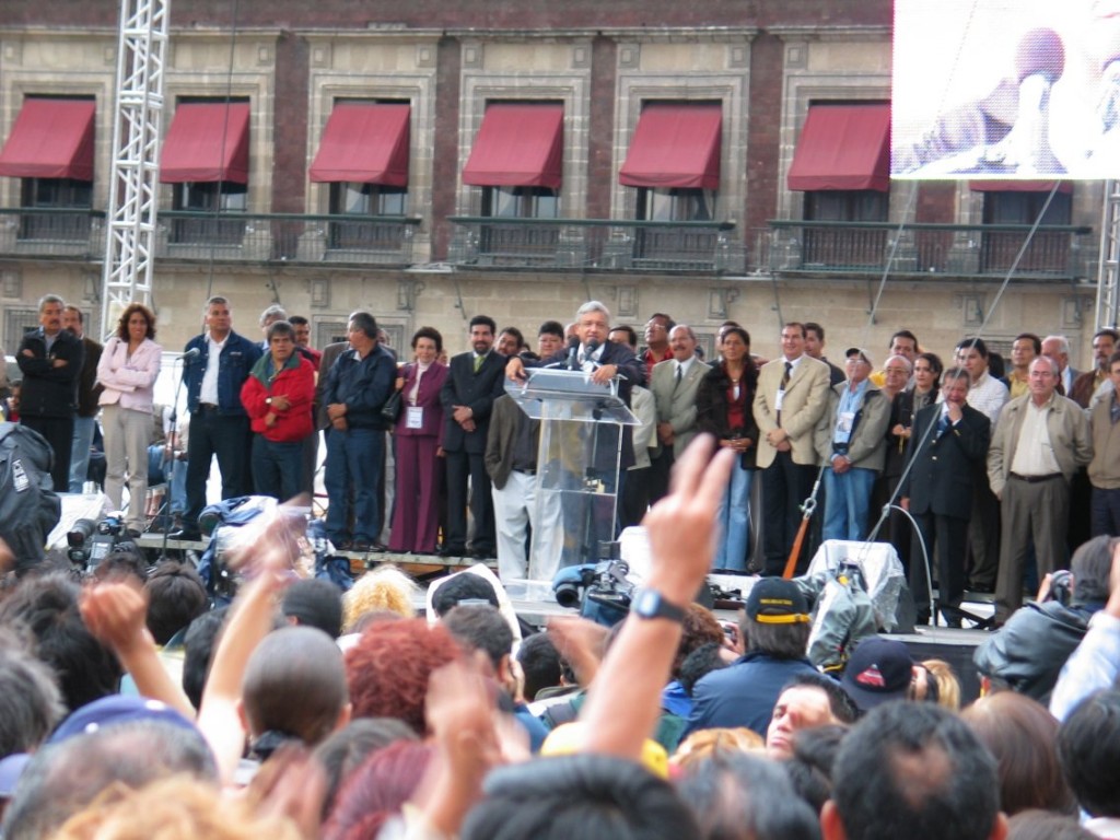 AMLO speaking in the camp