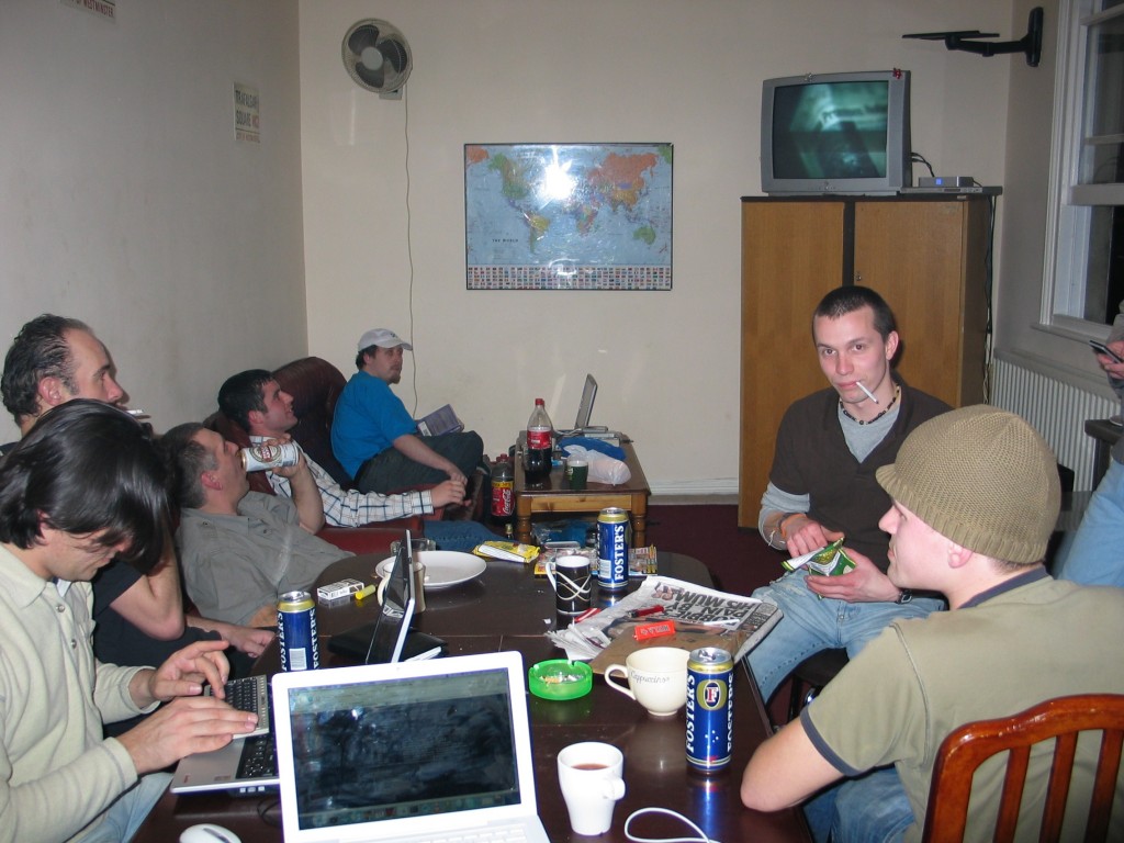 The common room -- full of highly educated people with at least three laptops -- but no well-paying jobs.