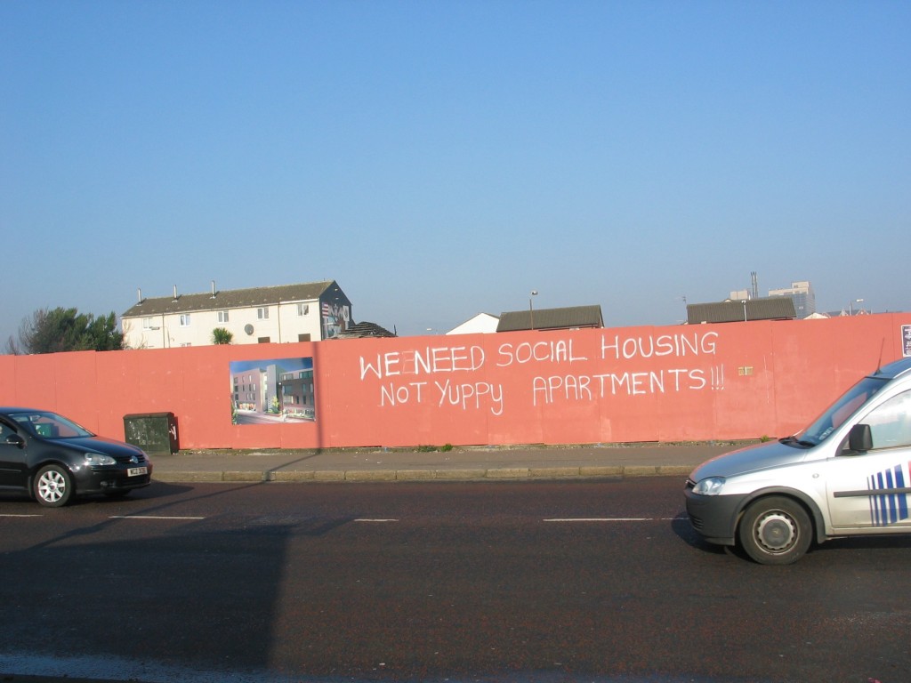 Some newer graffitis ask for social housing - rather than declaring loyalty with Dublin or London.