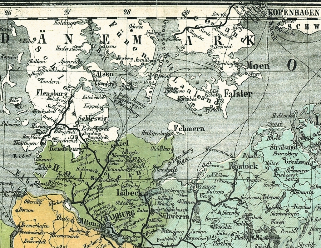 Train lines in Northern Germany and Denmark in 1861. The green area was under Danish reign, but much better connected to German urban centers than to the Danish capital Copenhagen (Kopenhagen on map). Source: https://commons.wikimedia.org/wiki/File:Bahnkarte_Deutschland_1861.jpg